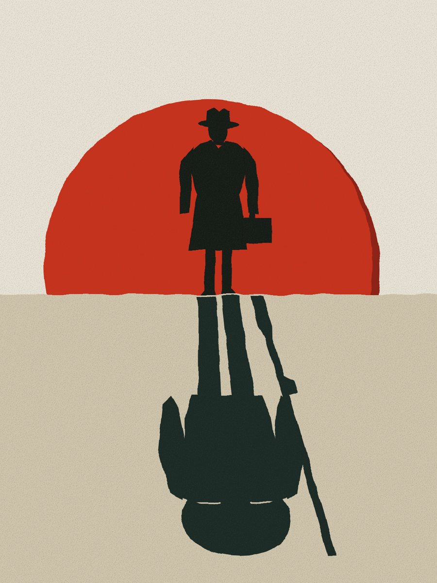 Illustration: a man in a hat and overcoat whose reflection is a soldier