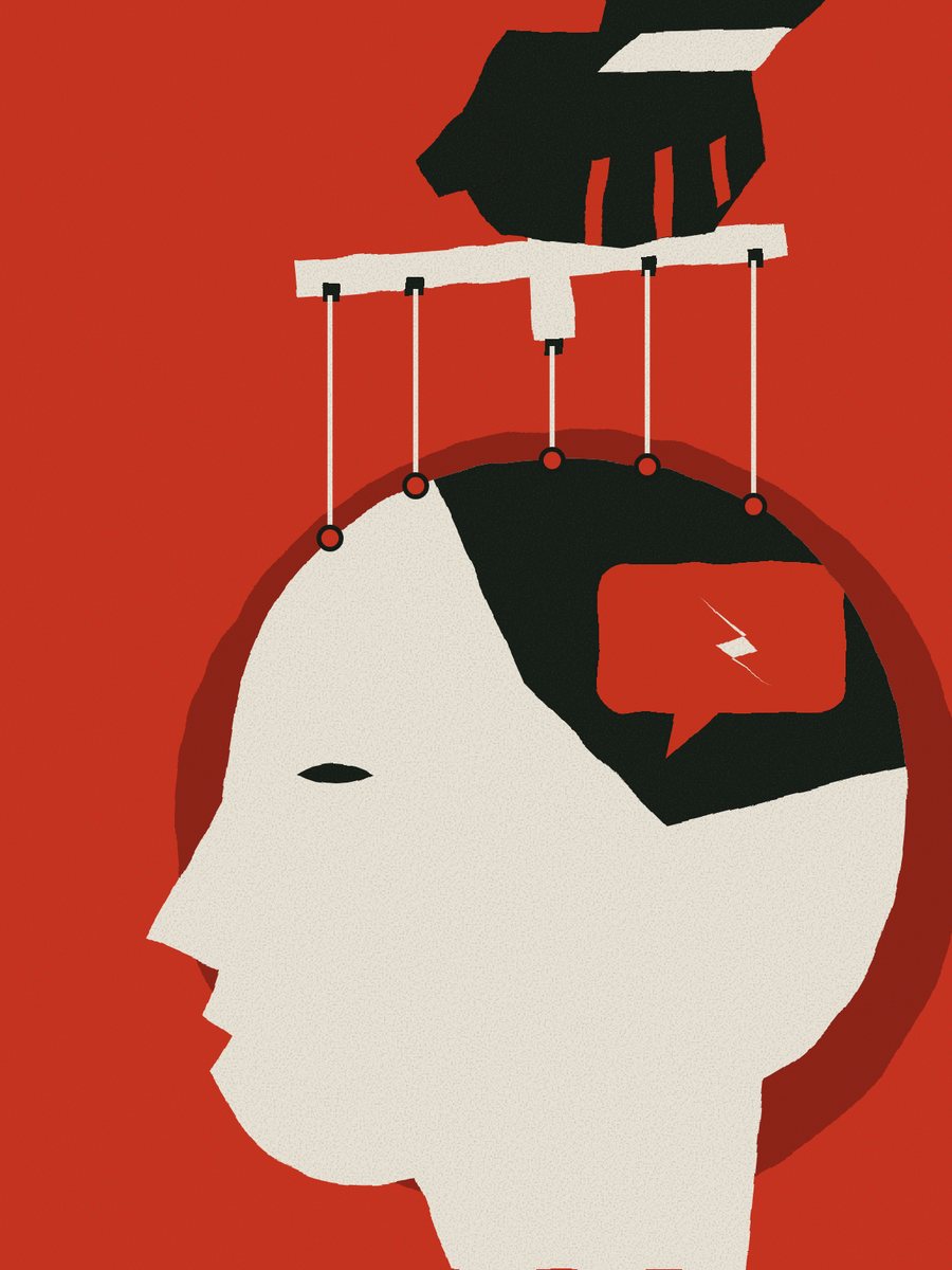 Illustration: a puppeteer's hand working the strings of a human head