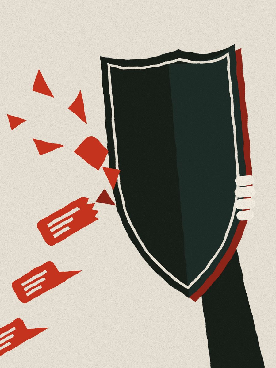 Illustration: a raised shield deflecting incoming speech bubbles