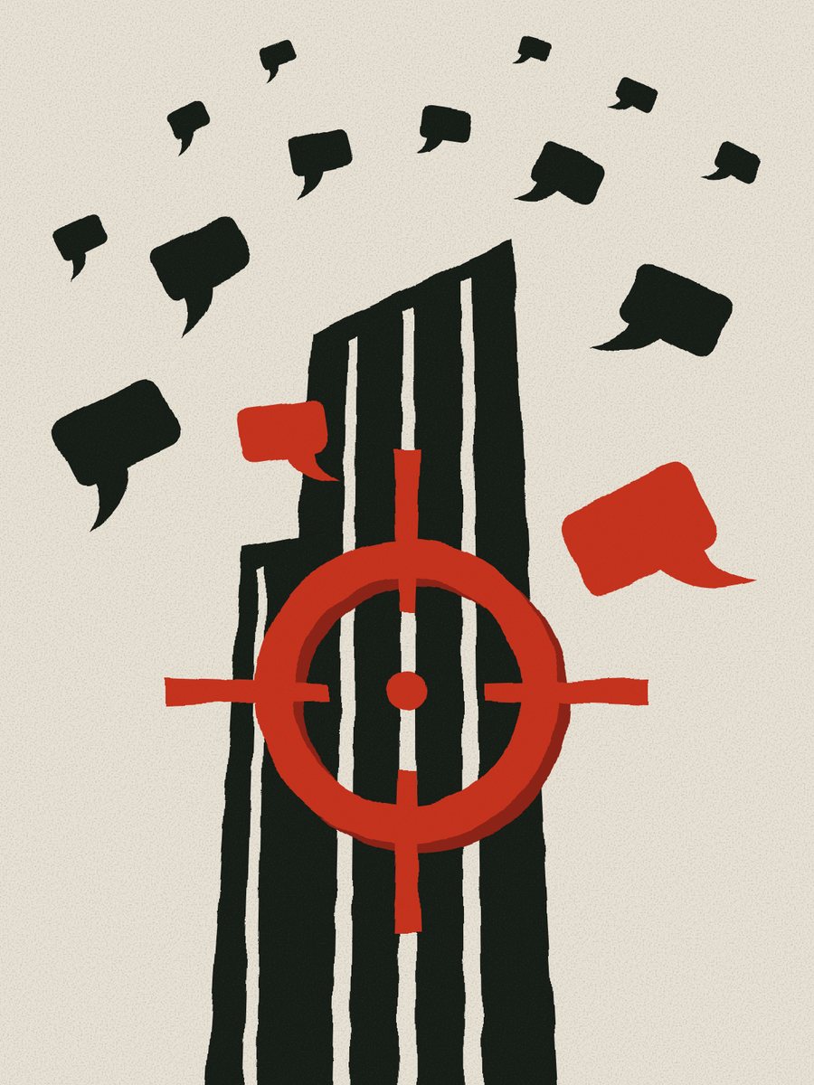 Illustration: a corporate tower in a crosshair, circled by speech bubbles
